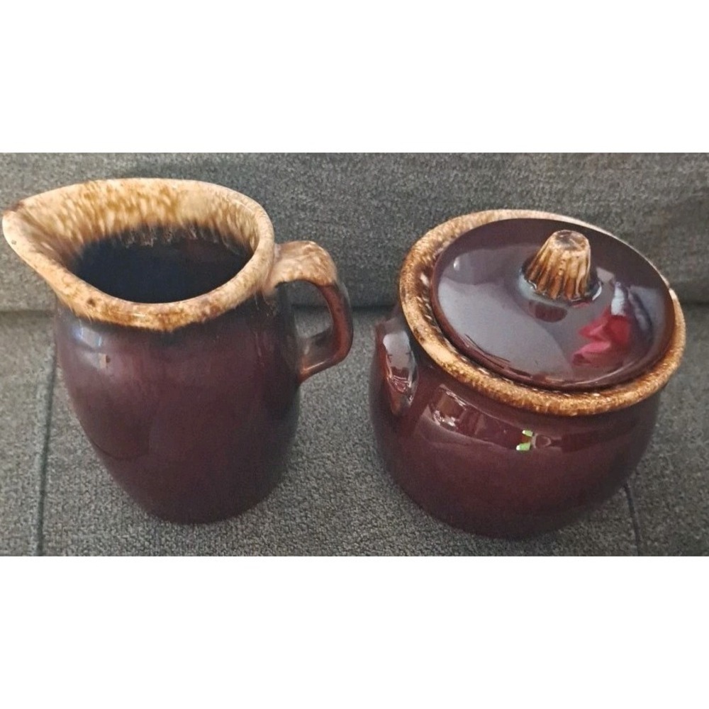 Vintage Hull Oven Proof Pottery Brown Drip Glaze Creamer and Sugar Bowl Set USA
